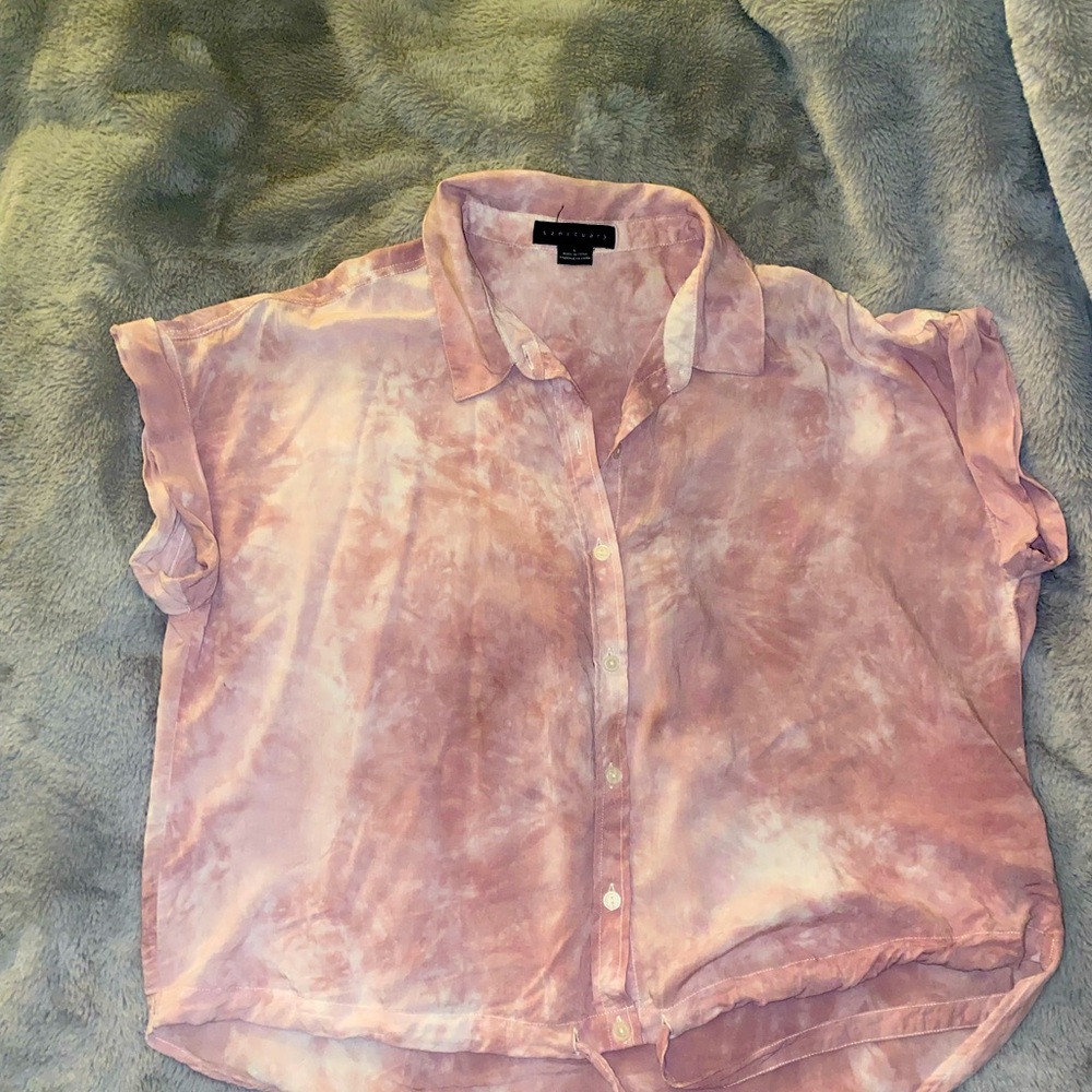 Pink & white button down, front tie, short cuff sleeves top - super soft - L
